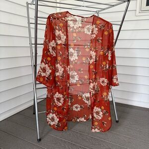Semi Sheer Kimono Swim Coverup Duster Burnt Orange Floral Hawaiian Sz S/M